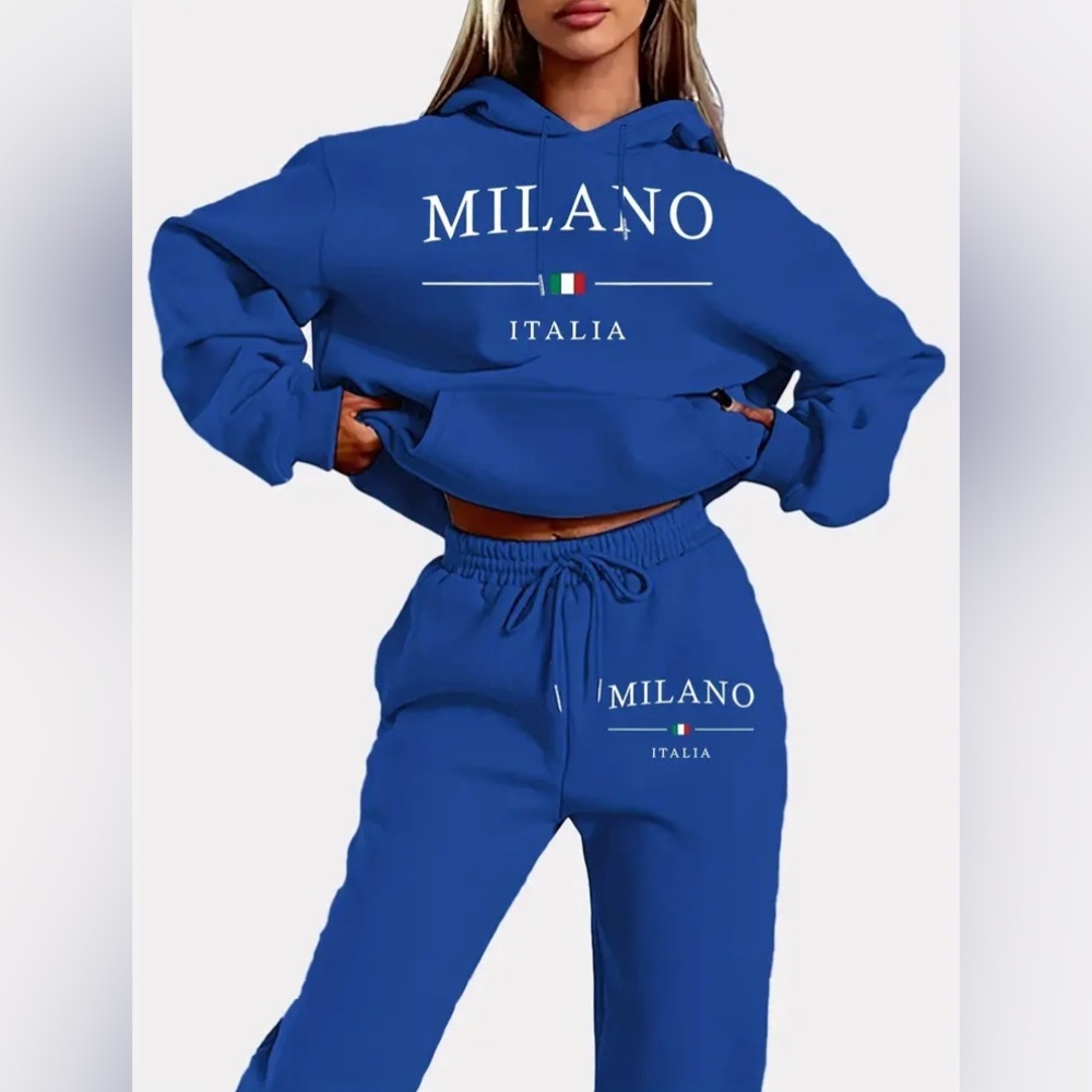 SWEATSUIT: 2Pc Blue Hoodie w/Front Pocket & Matching Drawstring Pants, NIP - Picture 2 of 8
